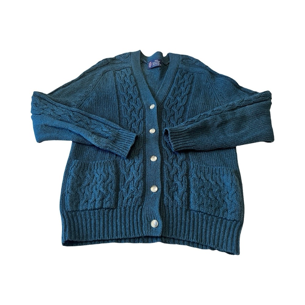 Lady Avon‎ Kenneth Gordon Teal Wool Cable Knit Cardigan Sweater Womens Large